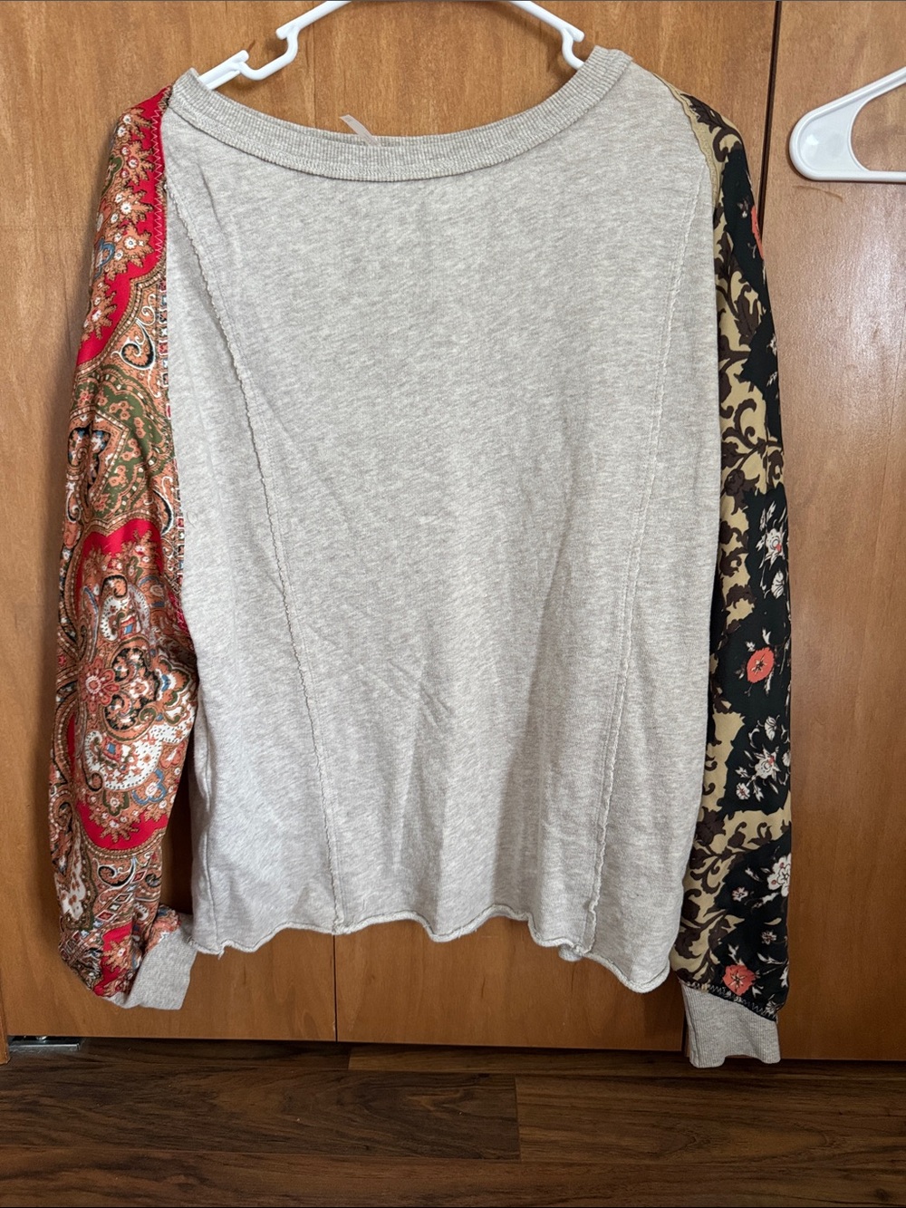 Free People Neutral Crewneck with Red Paisley & Black Floral Sleeves
